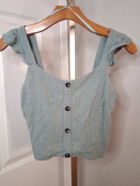 Monteau Los Angeles Tops - Monteau Los Angeles Sage Green Ruffle Strap Smocked Back Crop Top Small